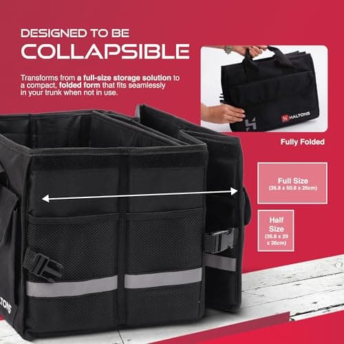 Haltons Foldable Car Boot Organiser Large, Durable 600D Oxford & 210D Polyester, Portable Boot Storage Box with Multi Compartments, Ideal for SUV, Truck, Van & Car Storage (36.8x50.8x26cm) Black — view 4