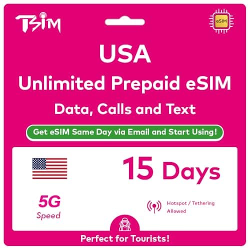 USA eSIM 15 Days. Unlimited High-Speed Data, Local Calls & Texts in USA (Hawaii Included). No Need to Wait for Package!. Get eSIM Same Day via Email and Start Using Immediately !
