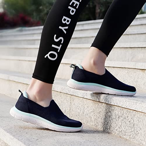 HKR Womens Trainers Slip on Ladies Shoes Walking Tennis Comfortable Nursing Sneakers Work Memory Foam Mesh Arch Support Navy Teal UK 5.5 — view 2