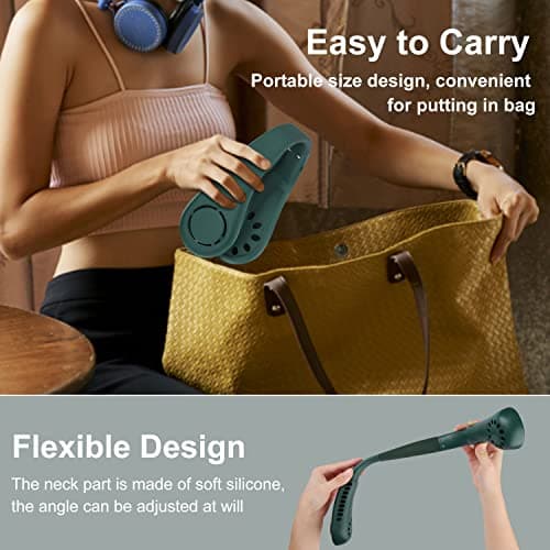Neck Fan, Portable Neck Fans Rechargeable, 5 Speeds USB Personal Bladeless Fan 3000mAh Battery, Wearable Hands-Free Cooling Fan for Men & Women, Leafless Hanging Mini Fans for Outdoor Travel (Green+) — view 3