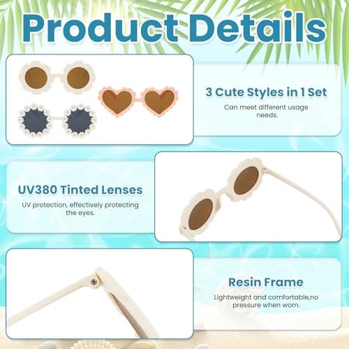Aurvivia 3 Pcs Kids Sunglasses for Girls,Lightweight Durable UV380 Protection Sunglasses,Cute Heart And Round Flower Glasses,Summer Eyewear for Outdoor,Beach,Travel,Vacation,Party,Take Pictures — view 3