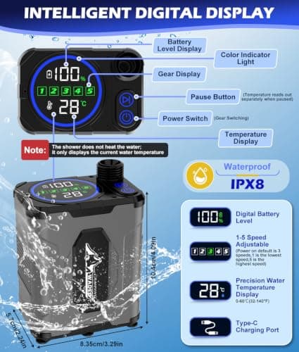 WADEO Portable Shower, [Hot Water] [10 Days Runtime], Rechargeable Outdoor Shower Kit for Camping, Travel, Dog, Car, Emergency — view 5