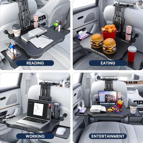 Car Back Seat Tray Table, Stable Foldable Auto Backseat Food Trays Desk for Rear Passenger Road Trip Eating & Work, Multifunctional Adjustable Travel Tray with Phone Drink Holder for Laptop iPad — view 2