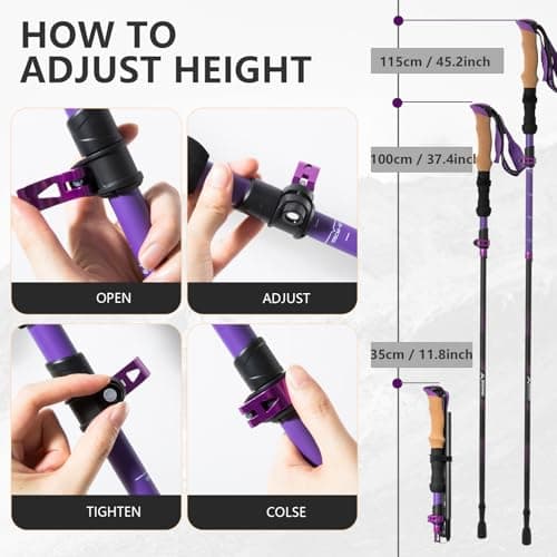 BISINNA Carbon Fibre Trekking Poles, 2-Pack, Lightweight Collapsible Walking Sticks, Quick Lock System (Purple, 95-115cm) — view 5