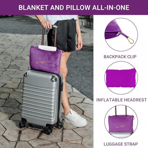 CLEXION Travel Blanket & Pillow Set, 300 GSM Soft Fleece, 60x43 Inches, 3-in-1 Airplane Blanket, Travel Pillow and Blanket Set, Travel Blanket Airplane Compact with Bag, Travel Essentials, Violet — view 2