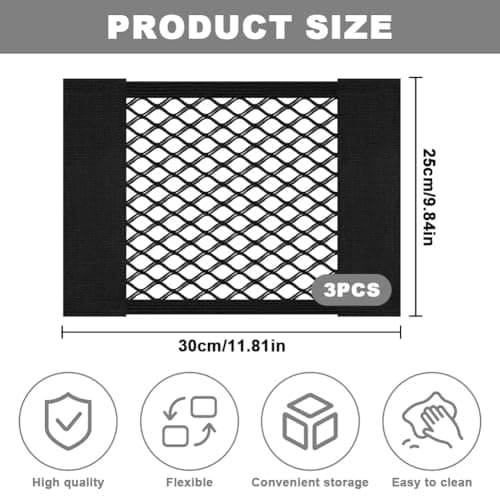 AOOWU Car Boot Storage Net 3 PCS, Black Magic Adhesive Mesh Cargo Net, Elastic storage Net for Van, Caravan, Trunk, Cargo, Camping, Car Organiser Essentials, Car Back Rear Trunk Seat Mesh Net, 30x25cm — view 2