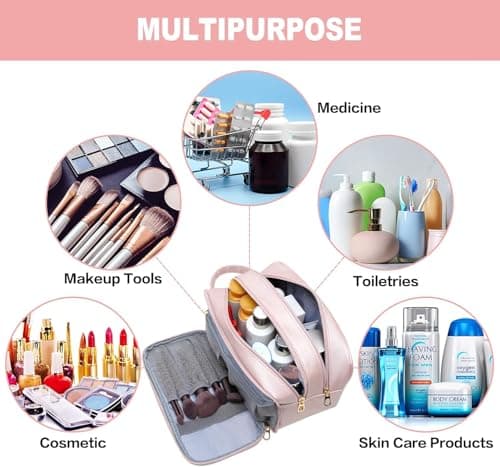 ABCHCHS Travel Toiletry Bag for Women- PU Leather Makeup Cosmetic Bag - Waterproof Organizer for Toiletries Accessories - Dopp Kit Case - Multifunction Packing Organizer Pouch (Pink) — view 4