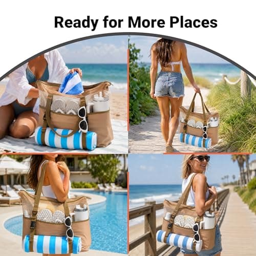 kokkoya Brown 40L Large Mesh Beach Bag with Zip for Family Pool & Travel — view 6