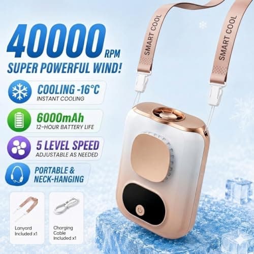 BUDZ 2026 NEW Handheld Mini Fans, Portable Neck Hanging Fan, Clip on Waist Fan, 10500RPM Brushless Motor, 40H Runtime, 5-Speed Operation, Body Cooling for Camping/Worksites/Outdoor (Orange) — view 3