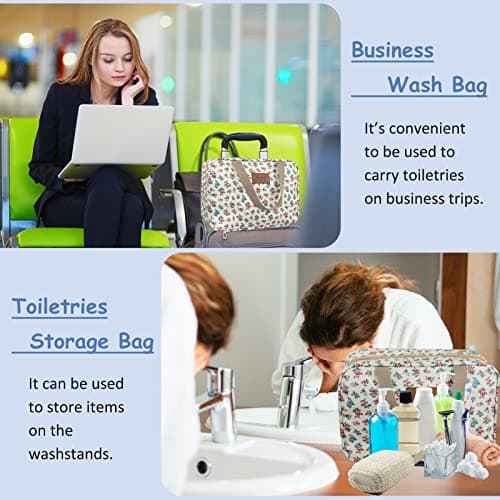 Toiletry Bag, Large Travel Hanging Make up Wash Bags, Portable Waterproof Cosmetic Bag, Light Blue White Bear Toiletry Kit, Bathroom Storage Case for Women Girls Ladies (White Floral) — view 5