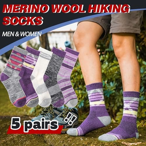 Welwoos Merino Wool Walking Hiking Socks for Women Men Thermal Winter Warm Cosy Crew Work Gift Socks Stocking Fillers 5 Pairs(Purple, 3-7) — view 4