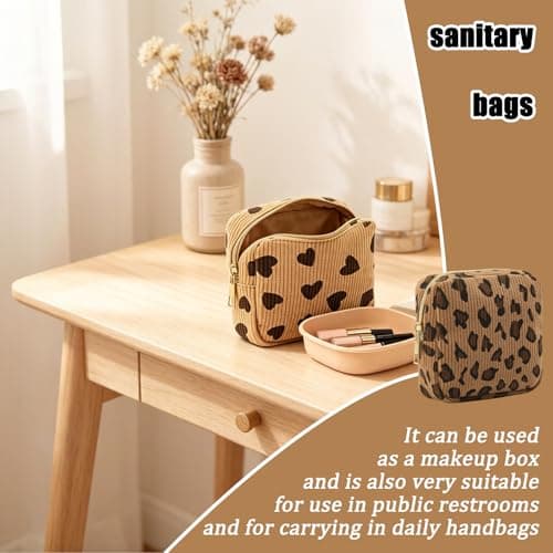 2PCS Sanitary Pad Storage Bag, Leopard Print and Hearts Design Small Storage Bag, Cute Sanitary Bags Sanitary Towel Holder for Teenage Girls School Travel Organization and Women — view 5