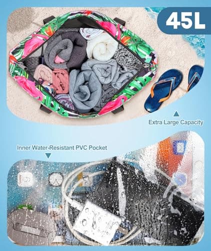 ISEYOU Extra Large Beach Bag, Waterproof Beach Bags with Zip, Lightweight Foldable Beach Tote Bags, Large Capacity Multi-Pocket Beach Bags for Women, Perfect for Pool Shopping Travel Vacation Gym — view 4