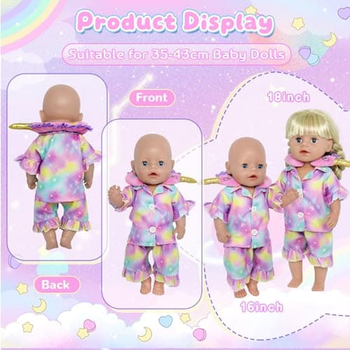 6 Pcs Baby Doll Clothes 14-17 Inch Baby Dolls, 35-43cm Dreamy Starry Doll Clothes Outfits with Gradient Pyjama Set + Pink Eye Mask+ U-shaped Neck Pillow + Socks Baby Doll Accessories for Kids Gift — view 4