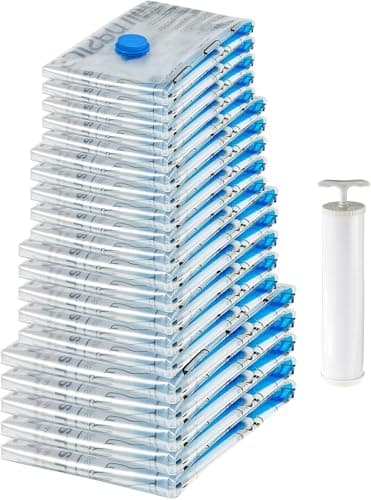 Amazon Basics Vacuum Compression Zipper Storage Bags with Hand Pump, 20 Count, 4 Pack of 5 (Small, Medium, Large & Jumbo), Multiple, Clear