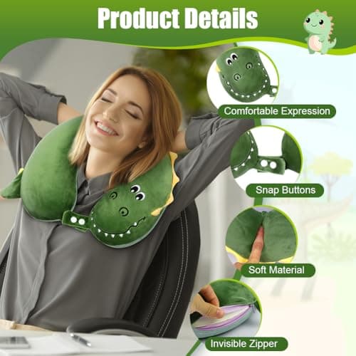 Alaoo Travel Pillow, Removable Memory Foam Kids Travel Pillow with Zips, Convenient & Portable U Shaped Neck Pillows with Cute Eye Mask for Adults Children for Home, Office, Sleeping (Green Dinosaur) — view 3