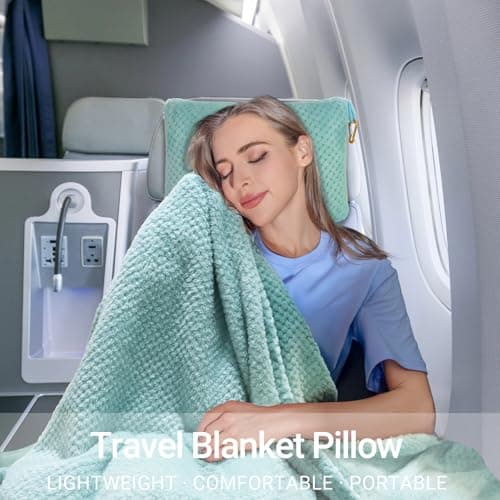 Compact Travel Blanket for Airplane, Premium Soft 2-in-1 Blanket with Pillowcase and Carry Bag, Lightweight Travel Essentials with Luggage Sleeve and Backpack Clip, Mint Green — view 6
