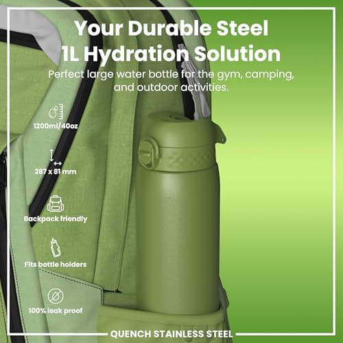 Ion8 Lightweight 1 Litre Steel Water Bottle, Non-Insulated, Leak Proof, Easy to Open, Secure Lock, Dishwasher Safe, Flip Cover, Carry Handle, Ideal for Travel & Active Lifestyles, Khaki Green — view 2