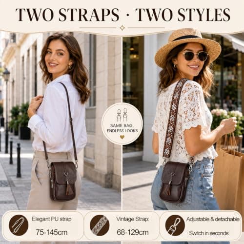 ONETOALL Genuine Leather Crossbody Bags for Women Anti-Theft with 2 Straps — view 5