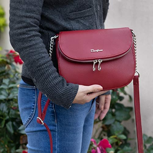 David Jones - Women's Small Crossbody Bag - Ladies Chain Shoulder Bag PU Leather - Zipper Flap Messenger Bag Multiple Pocket - City Casual Saddle Handbag - Work Travel Phone Clutch Purse Burgundy Red — view 3