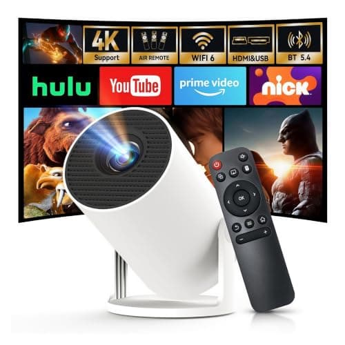 WEMI Mini Projector, Smart Projector WiFi 6 Bluetooth, Native 720P 4K Support, Portable Small Home Cinema for Bedroom & Outdoor, Ceiling, Wireless, Android TV, Phone Mirroring, Movie, HY300Pro