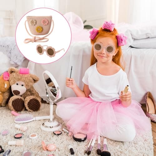 AWAVM Girls Crossbody Bag Set - Cute Toddler Handbag With Flower Sunglasses, Adjustable Braided Purse For Childen(Pink/Beige, 12x14cm) (Pink 3flower) — view 6