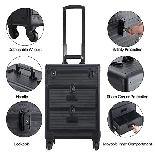 Warmiehomy Makeup Case Makeup Trolley Aluminium Professional Beauty Hairdressing Trolley on Wheels Makeup Organizer Suitcase Cosmetic Storage Box 2 Drawers for Beauty Salon Travel 35*23*49cm（Black） — view 5