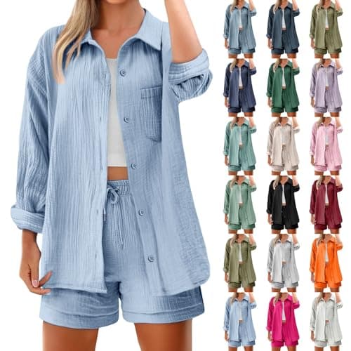 Two Piece Outfit Women Summer Co Ord Sets Cotton Linen Short Sleeve Button Down Sports Shorts with Pockets Casual Tracksuit Tunic Drawstring Sweatpants Travel Going Out Outfits Light Blue