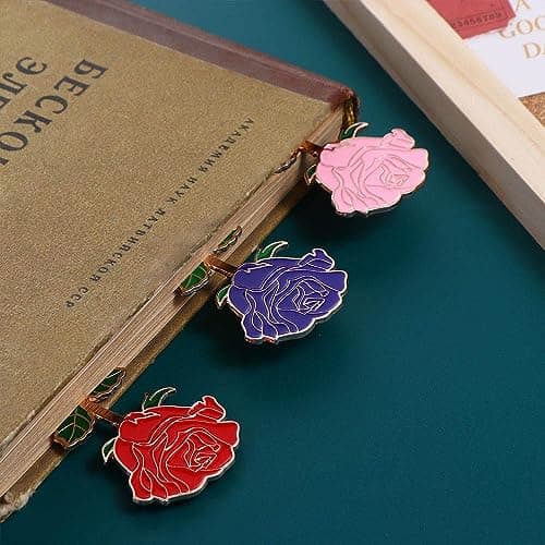Metal Flower Leaf Bookmarks Rose Book Clip, Alloy Reading Bookmark Page Folder Office Supplies(Yellow Rose) — view 3