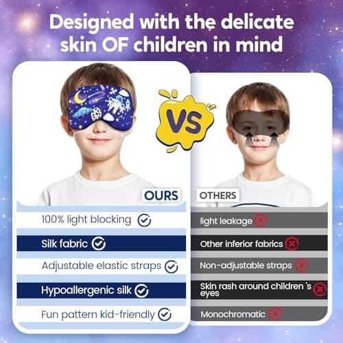 TeTupGa Blackout Kids Sleep Mask for Boys，2 Pack Silk Eye Mask for Sleeping with Adjustable Strap, Teens Children's Bedtime Eye Cover for Travel & Home Use (2 Pack Space Style) — view 4