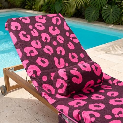OHS Leopard Print Inflatable Pillow, Bolster Cushion Lightweight Compact Sun Lounger Cushion with Microfibre Cover Back Support Outdoor Cushions Travel Poolside Beach Accessories, Burgundy/Hot Pink — view 2