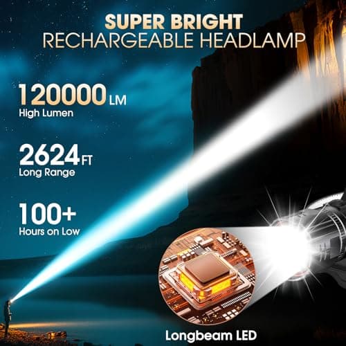 AdamStar Head Torch Rechargeable, 2 Pack Professional Headlamp, 120000LM Super Bright LED Headlight with Red Warning Light 5 Modes, 90° Adjustable Motion Sensor, Zoomable for Camping, Hiking Fishing — view 2