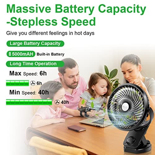 ELZO Clip on Fan, 5000mAh Mini USB Desk Auto Oscillating Small Fan, 360° Rotation Rechargeable Stepless Speed, Super Quiet Portable Fan for Office Stroller Car Camping Travel, Black — view 2