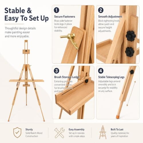 EXERZ Wooden Tripod Easel Beech Wood Foldable Artist Canvas Stand — view 4