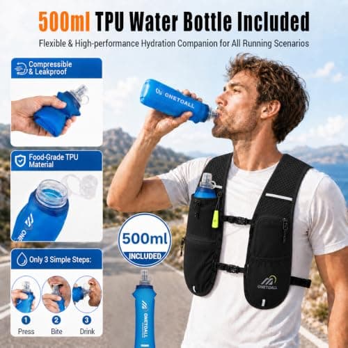 ONETOALL Running Vest Women with Water Bottle 500ml/Bladder 2L, 6L Reflective Hydration Backpack Mens, Lightweight 150g for Trailrunning Hiking Marathon (Black with Soft Flask) — view 5