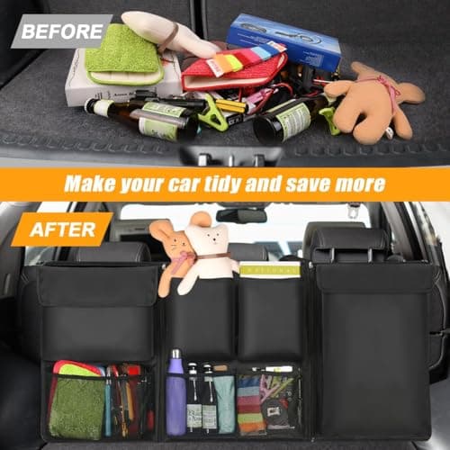 URAQT Car Boot Organiser, Trunk Tidy Organiser Bag, Detachable Multi-Pocket Seat Back Protectors with Zipper, Water-Proof Durable Foldable Children's Travel Storage, 90x46cm — view 6