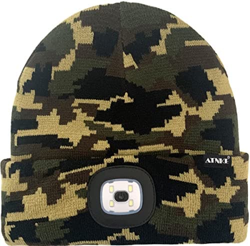 ATNKE LED Lighted Beanie Cap,USB Rechargeable 4 LED Red and Blue Glow Flashing Running Headlamp Hat Winter Warm Gifts for Men and Women/Camouflage Green — view 2