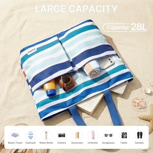 G4Free Foldable Beach Bags for Women, Sandproof Waterproof Beach Tote Bags with Double Handle, Lightweight Compartment Pool Travel, Blocked Ripples — view 4