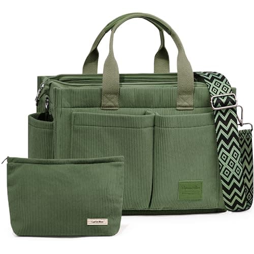 Captain Blues Corduroy Tote Bag for Women with Zipper, Large Capacity Work Bags Shoulder Handbag for School, Travel, College, Teacher with Adjustable Strap & Pockets (Green)