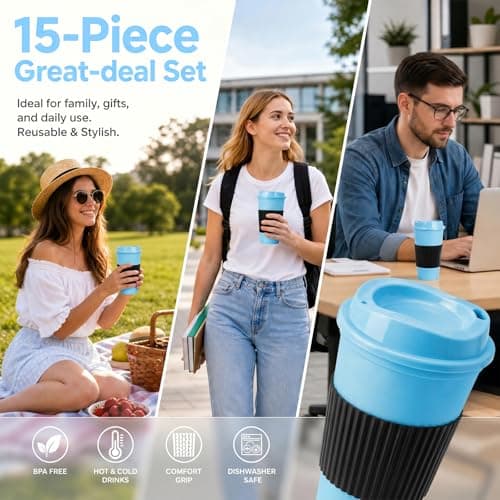 15Pcs Reusable Coffee Cups with Lids - 16 oz Plastic Tumblers to Go Ice Coffee Cups Bulk Plastic Travel Mugs for Slushie and Cold Drinks Smoothie, Home, Car, Beach, Camping & Party - Light Blue — view 6