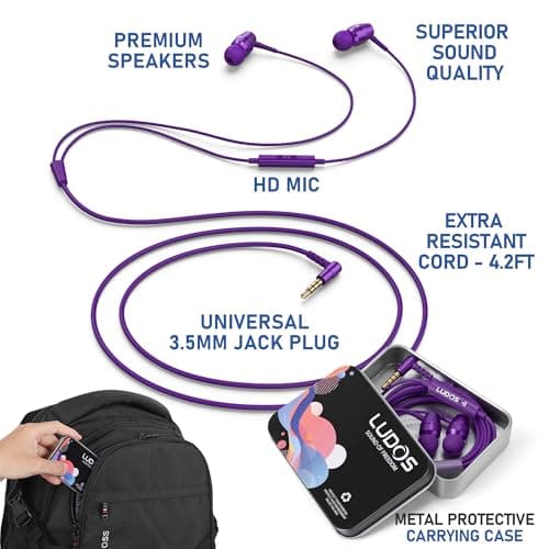 Ludos OMNITONE Wired Earbuds in-Ear Headphones, Earphones with Microphone, 5 Years Warranty, Noise Isolation Corded for 3.5mm Jack Ear Buds for iPhone, iPad, Samsung, Laptop, Gaming, Sports - Purple — view 2