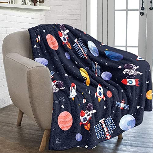 Space Theme Throw Blanket for Boys, Cozy Outer Space Rocket Planet Fluffy Flannel Blanket Gift for Kids, 100 x 130 cm Soft Warm Navy Blue Astronaut Galaxy Planet Blanket for Toddler Sofa Bed Couch — view 5