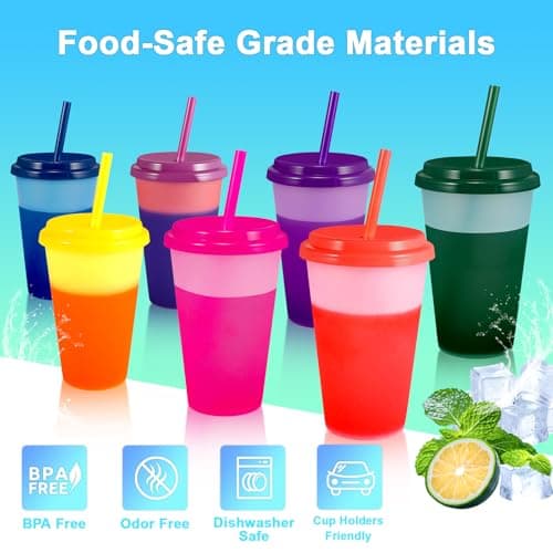 7 Pcs 12 oz Colour Changing Cups Reusable Tumblers with Lids and Straws — view 3