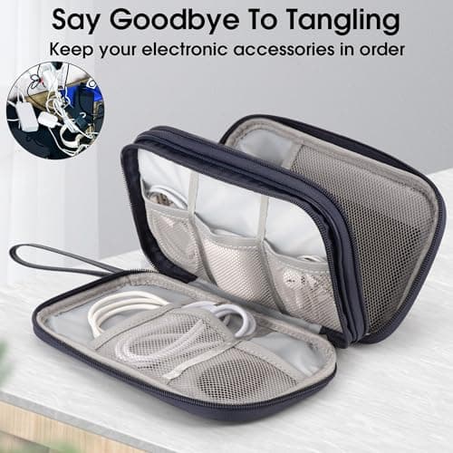 Arae PU Leather Cable Organizer Double Layer Travel Pouch, M Dark Blue — view 6