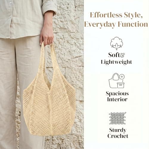 YANFALE Crochet Beach Bag, Holiday Beach Bags for Women, Mesh Beach Tote Bag, Foldable Summer Handbag, Hollow Woven Boho Shoulder Bags for Travel, Daily Work, Shopping (Beige) — view 4
