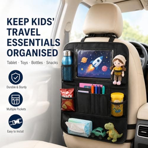 kefeimumu 2 Pcs Car Seat Organizer Backseat, Waterproof Car Back Organizer with Touch Screen Tablet Pocket, Anti-Dirty Kick Mat for Cars SUV Van Travel Accessories for Kids — view 2