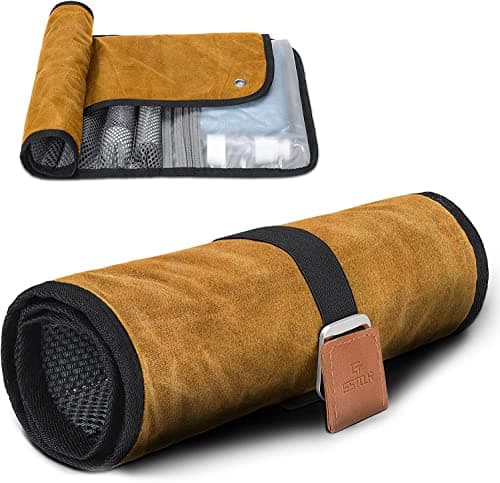 Estour Toiletry Bag for Men, Travel Dopp Kit, Water-Resistant Bathroom Roll Organizer for Shaving Kit, Hygiene, Toiletry Accessories, 2.Khaki Yellow (Waxed Canvas), Practical
