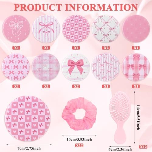 YXSJAS 12Sets-48Pcs Pink Bow Coquette Party Favors Makeup Bag Mini Combs Pocket Cosmetic Mirrors Delicate Hair Scrunchies Trip Weekend Gifts for Sleepover Spa Birthday Party Bridal Back to School — view 3