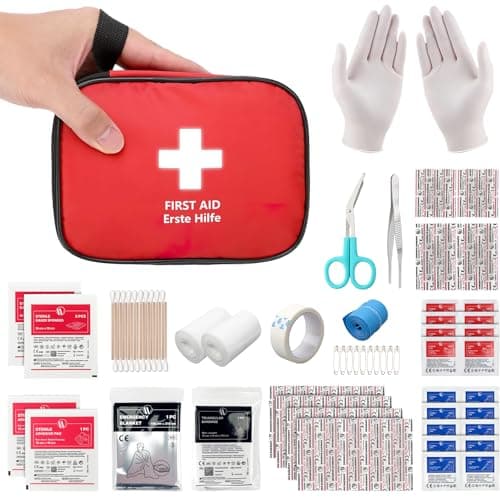 HONYAO First Aid Kit 90 Pcs, Small Travel First-Aid Bag, Mini Compact Survival Kit for Travel Car Home Workplace Kids Camping Hiking Motorbike Holiday, Red
