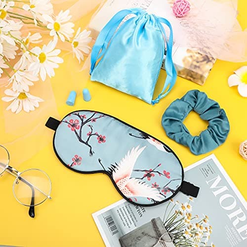 Hicarer Silk Sleep Mask Blindfold with Earplugs Pouch Scrunchie,Blue Crane — view 4